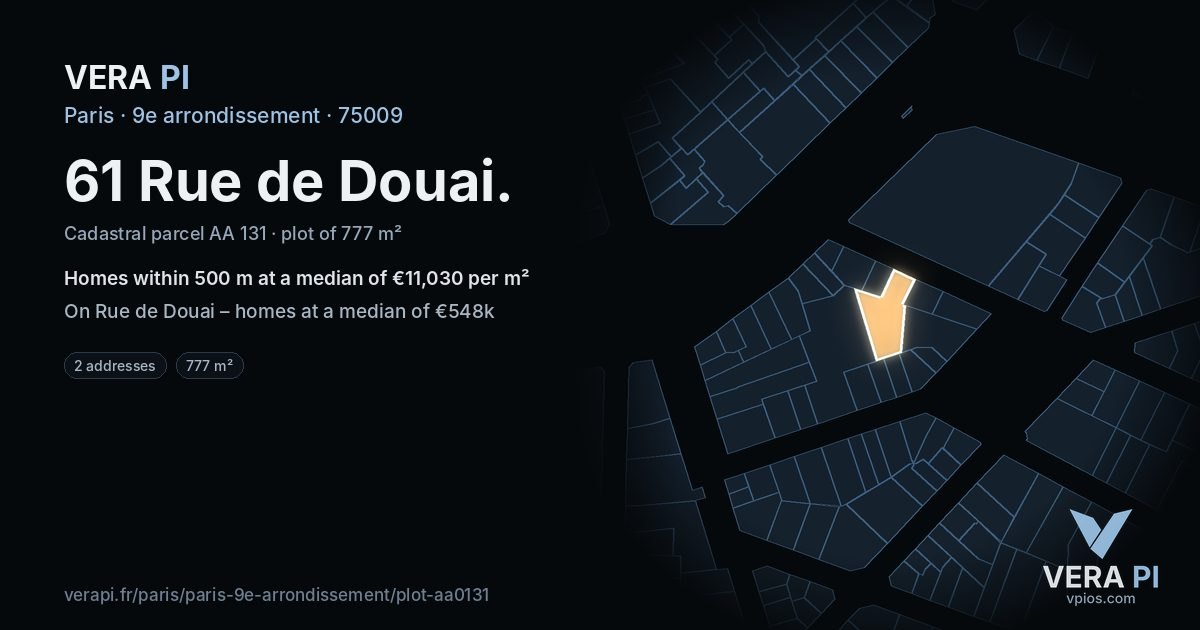 61 Rue de Douai, 9e arrondissement at night – the plot lit, the parcels around coloured by the prices near them