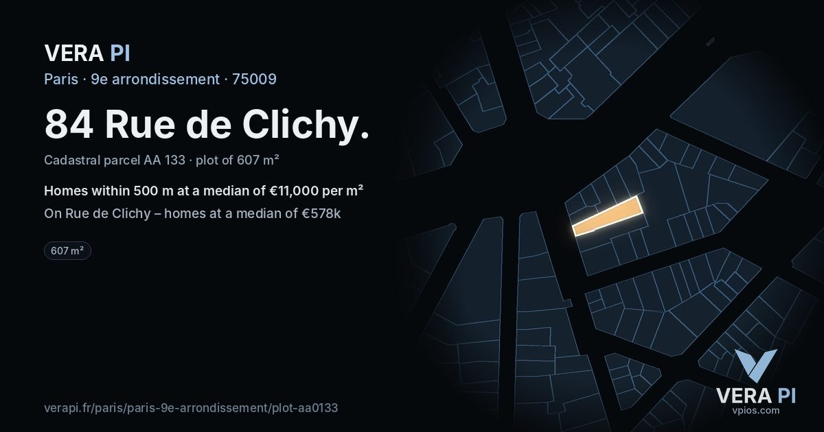 84 Rue de Clichy, 9e arrondissement at night – the plot lit, the parcels around coloured by the prices near them