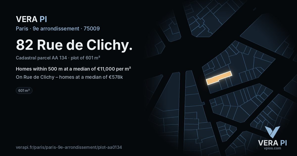 82 Rue de Clichy, 9e arrondissement at night – the plot lit, the parcels around coloured by the prices near them