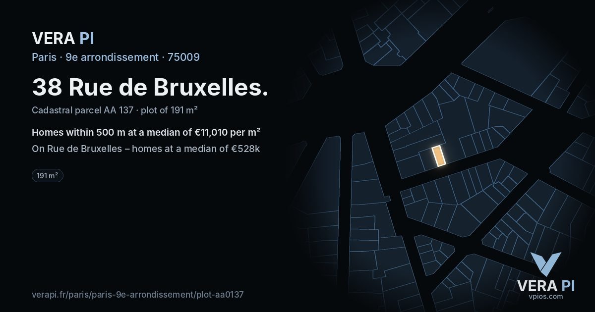 38 Rue de Bruxelles, 9e arrondissement at night – the plot lit, the parcels around coloured by the prices near them