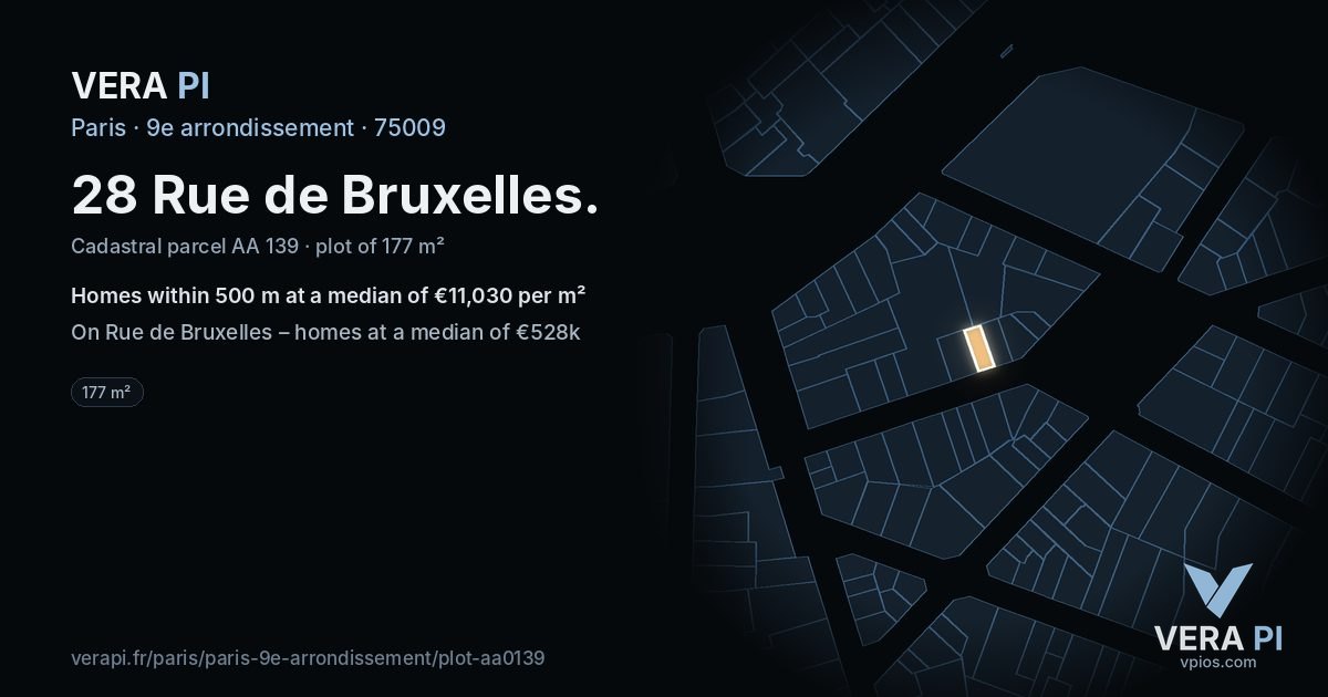 28 Rue de Bruxelles, 9e arrondissement at night – the plot lit, the parcels around coloured by the prices near them