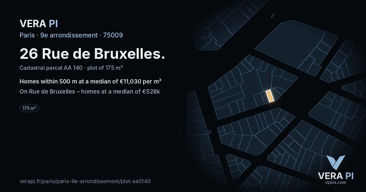 26 Rue de Bruxelles, 9e arrondissement at night – the plot lit, the parcels around coloured by the prices near them