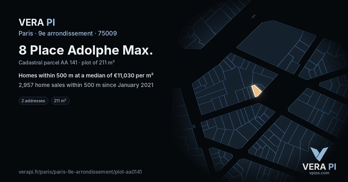 8 Place Adolphe Max, 9e arrondissement at night – the plot lit, the parcels around coloured by the prices near them