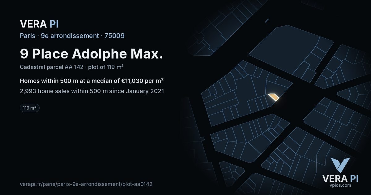 9 Place Adolphe Max, 9e arrondissement at night – the plot lit, the parcels around coloured by the prices near them