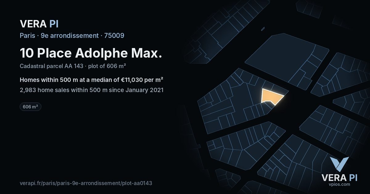 10 Place Adolphe Max, 9e arrondissement at night – the plot lit, the parcels around coloured by the prices near them
