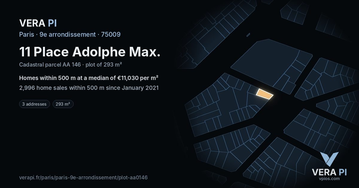 11 Place Adolphe Max, 9e arrondissement at night – the plot lit, the parcels around coloured by the prices near them
