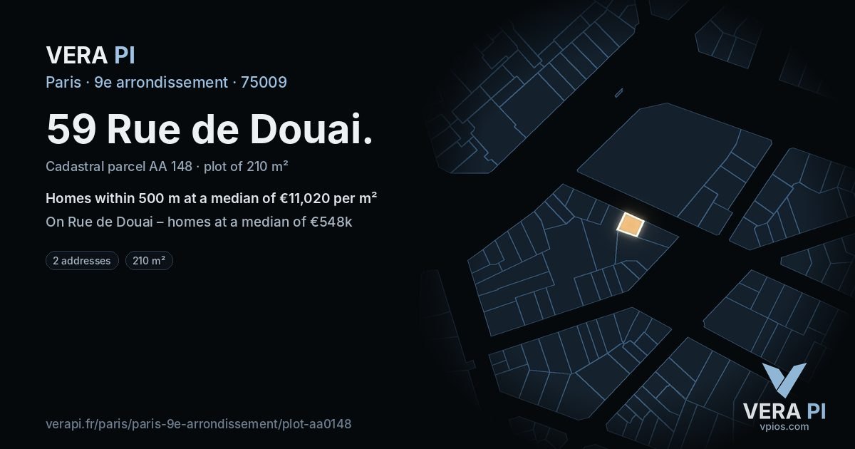 59 Rue de Douai, 9e arrondissement at night – the plot lit, the parcels around coloured by the prices near them