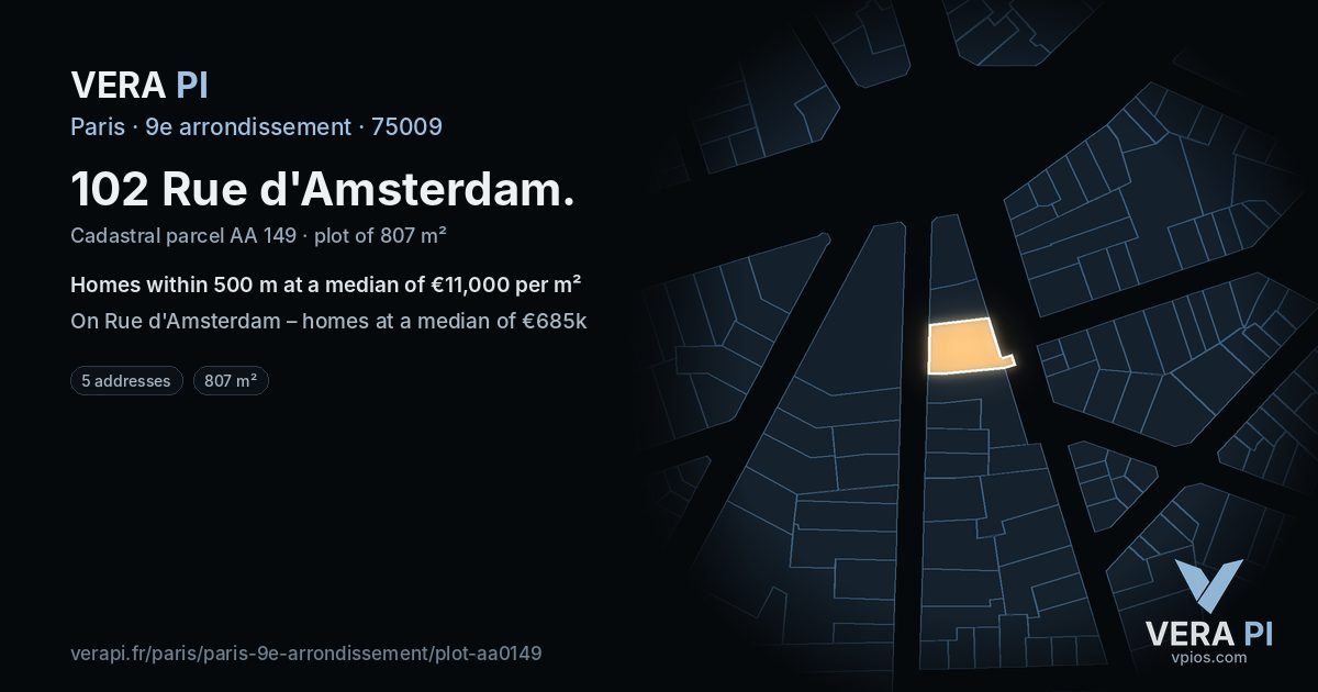102 Rue d'Amsterdam, 9e arrondissement at night – the plot lit, the parcels around coloured by the prices near them