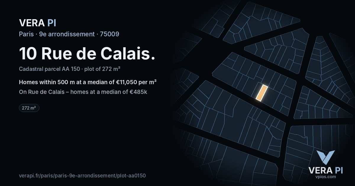 10 Rue de Calais, 9e arrondissement at night – the plot lit, the parcels around coloured by the prices near them