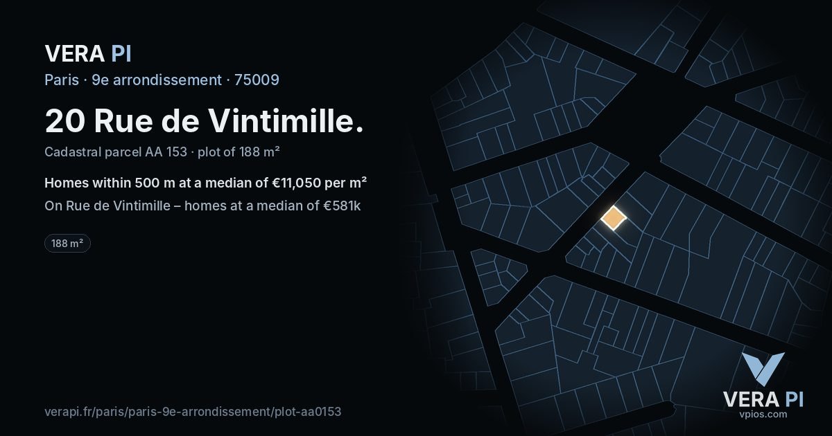 20 Rue de Vintimille, 9e arrondissement at night – the plot lit, the parcels around coloured by the prices near them