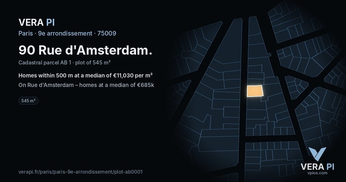 90 Rue d'Amsterdam, 9e arrondissement at night – the plot lit, the parcels around coloured by the prices near them