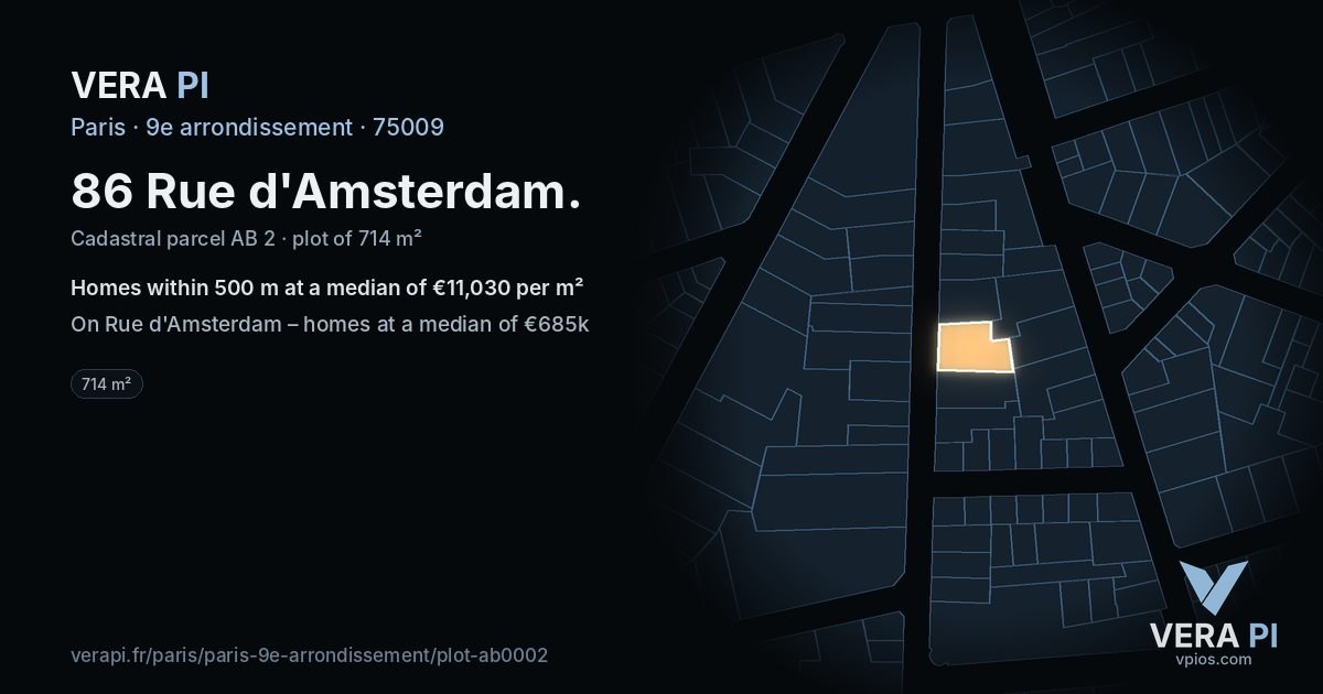 86 Rue d'Amsterdam, 9e arrondissement at night – the plot lit, the parcels around coloured by the prices near them