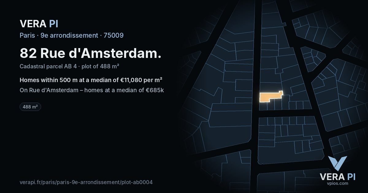 82 Rue d'Amsterdam, 9e arrondissement at night – the plot lit, the parcels around coloured by the prices near them