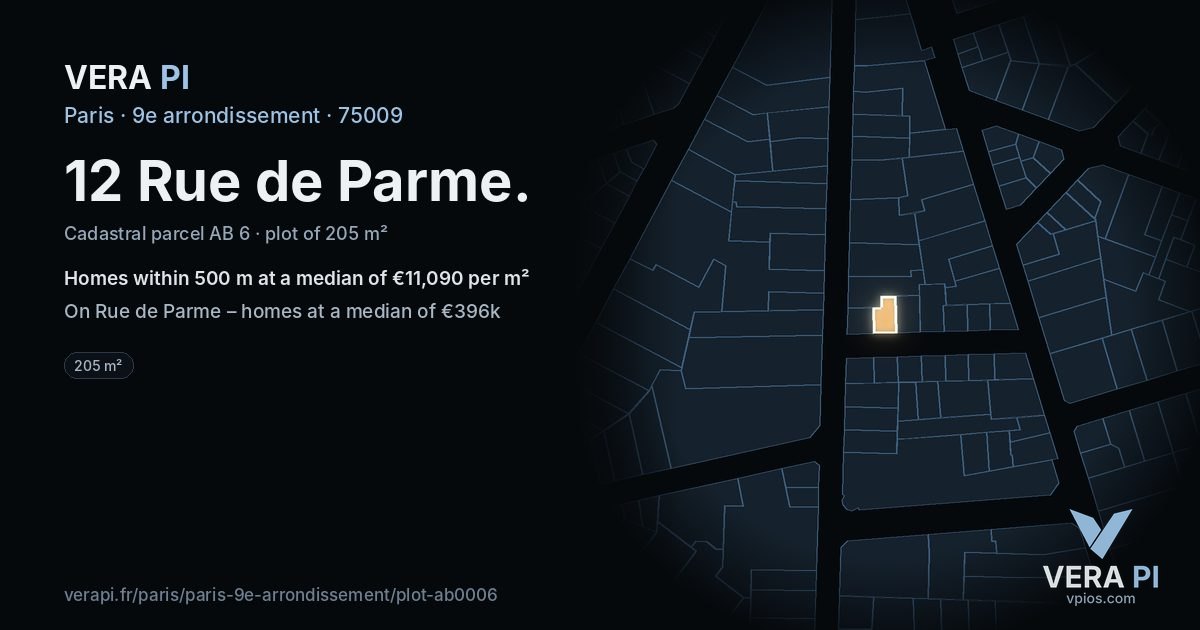 12 Rue de Parme, 9e arrondissement at night – the plot lit, the parcels around coloured by the prices near them