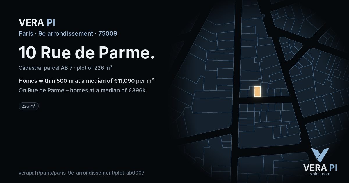 10 Rue de Parme, 9e arrondissement at night – the plot lit, the parcels around coloured by the prices near them