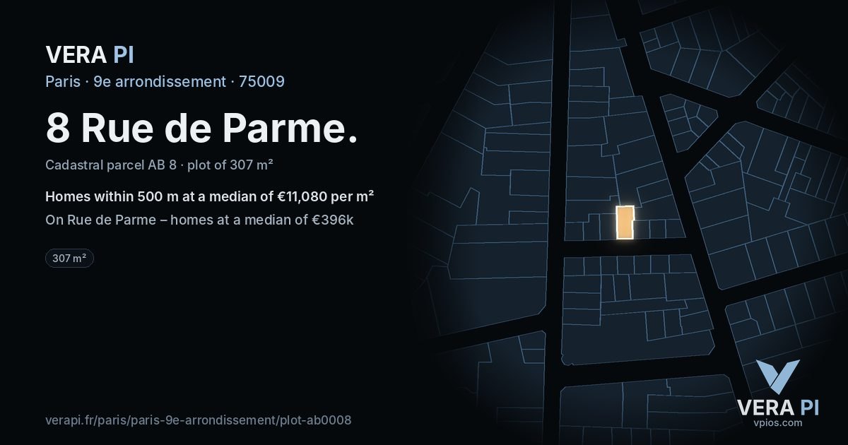 8 Rue de Parme, 9e arrondissement at night – the plot lit, the parcels around coloured by the prices near them
