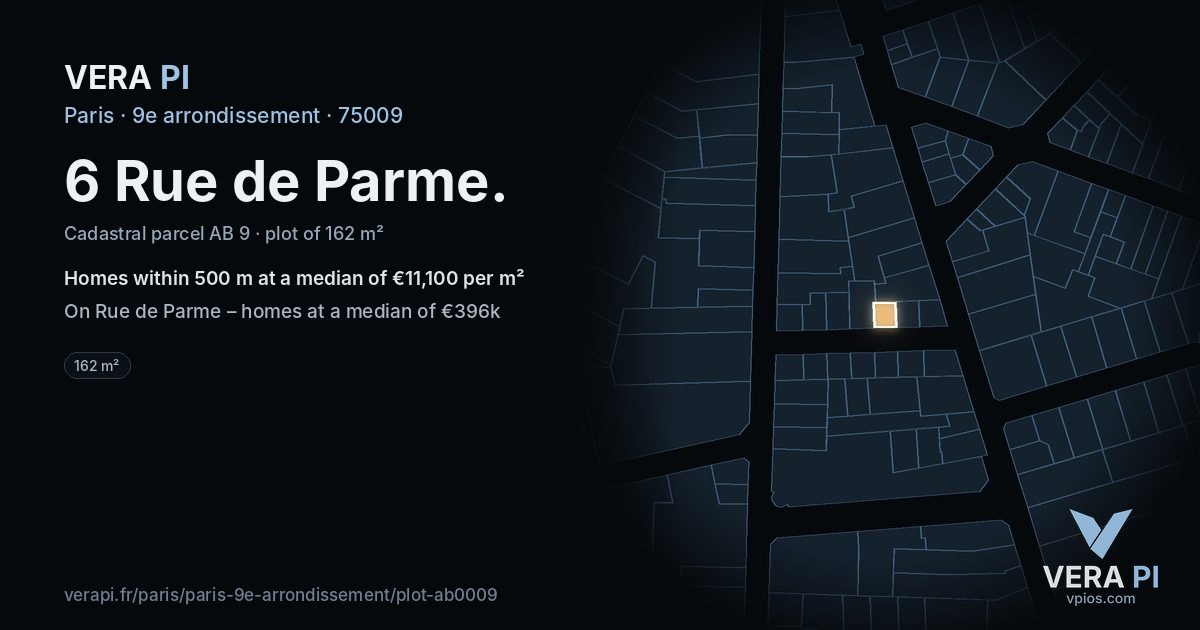 6 Rue de Parme, 9e arrondissement at night – the plot lit, the parcels around coloured by the prices near them