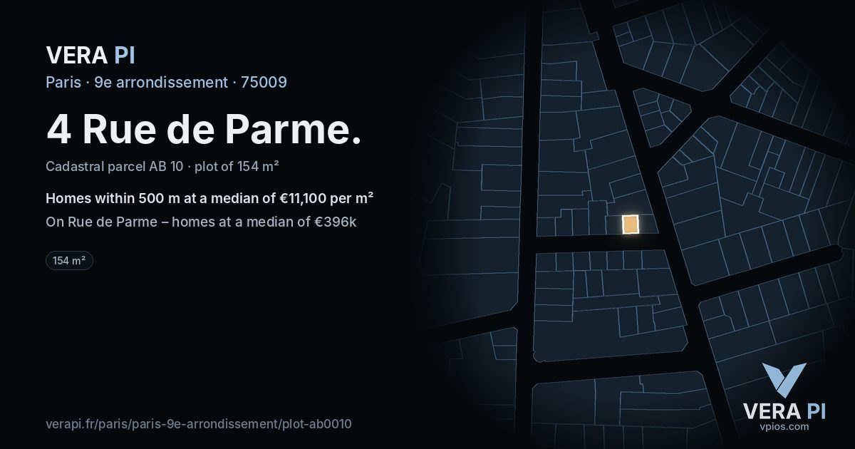 4 Rue de Parme, 9e arrondissement at night – the plot lit, the parcels around coloured by the prices near them
