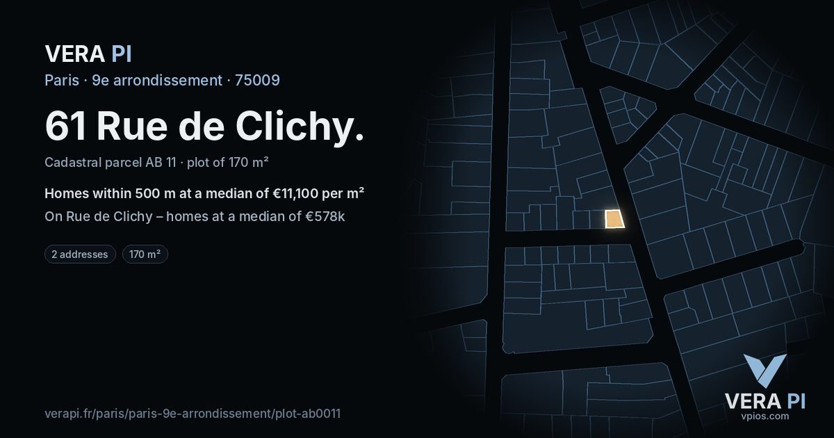 61 Rue de Clichy, 9e arrondissement at night – the plot lit, the parcels around coloured by the prices near them