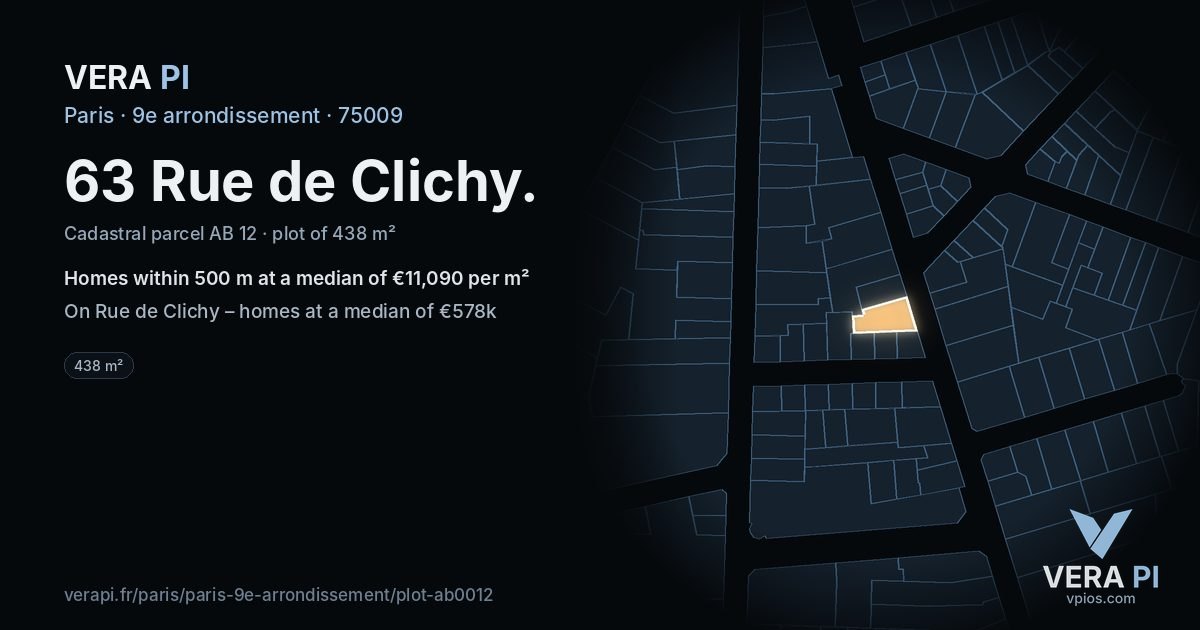 63 Rue de Clichy, 9e arrondissement at night – the plot lit, the parcels around coloured by the prices near them