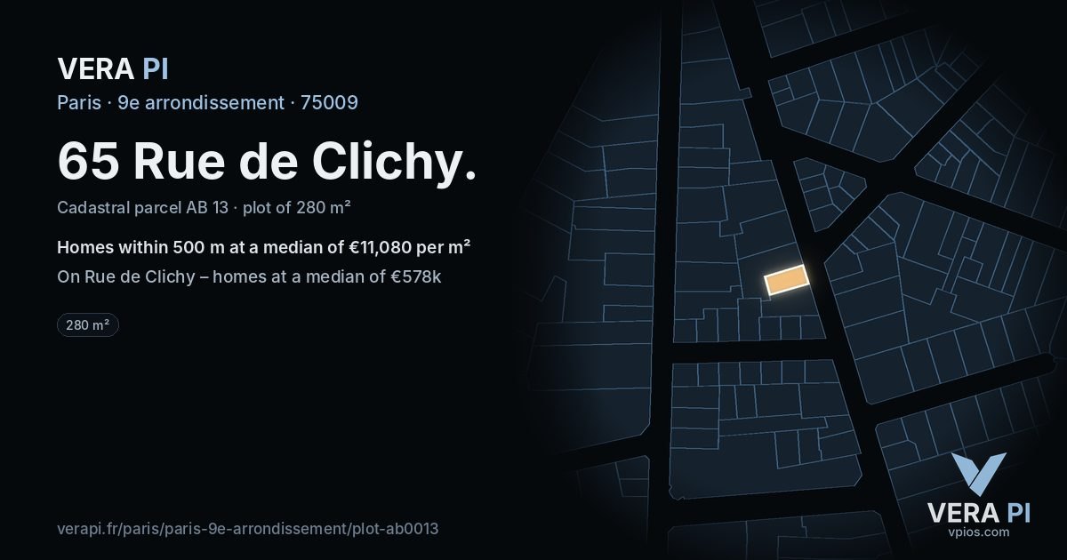 65 Rue de Clichy, 9e arrondissement at night – the plot lit, the parcels around coloured by the prices near them