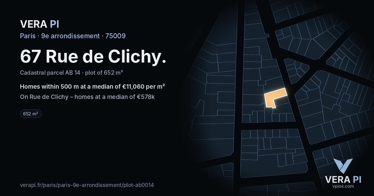 67 Rue de Clichy, 9e arrondissement at night – the plot lit, the parcels around coloured by the prices near them