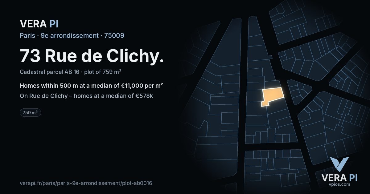 73 Rue de Clichy, 9e arrondissement at night – the plot lit, the parcels around coloured by the prices near them