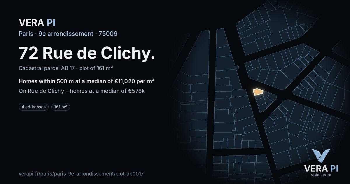 72 Rue de Clichy, 9e arrondissement at night – the plot lit, the parcels around coloured by the prices near them
