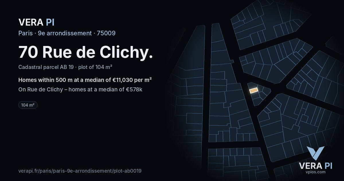 70 Rue de Clichy, 9e arrondissement at night – the plot lit, the parcels around coloured by the prices near them
