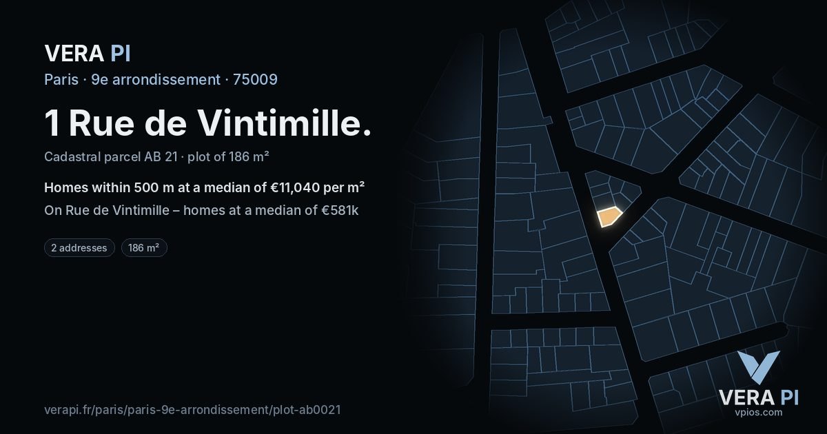 1 Rue de Vintimille, 9e arrondissement at night – the plot lit, the parcels around coloured by the prices near them
