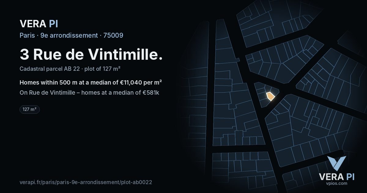 3 Rue de Vintimille, 9e arrondissement at night – the plot lit, the parcels around coloured by the prices near them