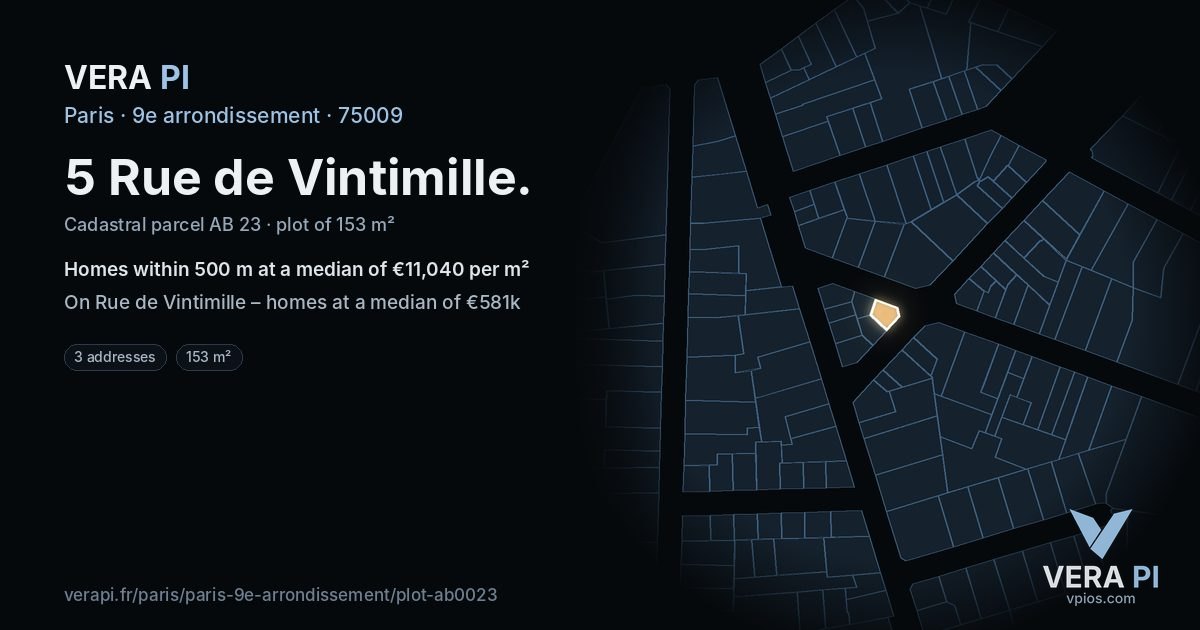 5 Rue de Vintimille, 9e arrondissement at night – the plot lit, the parcels around coloured by the prices near them