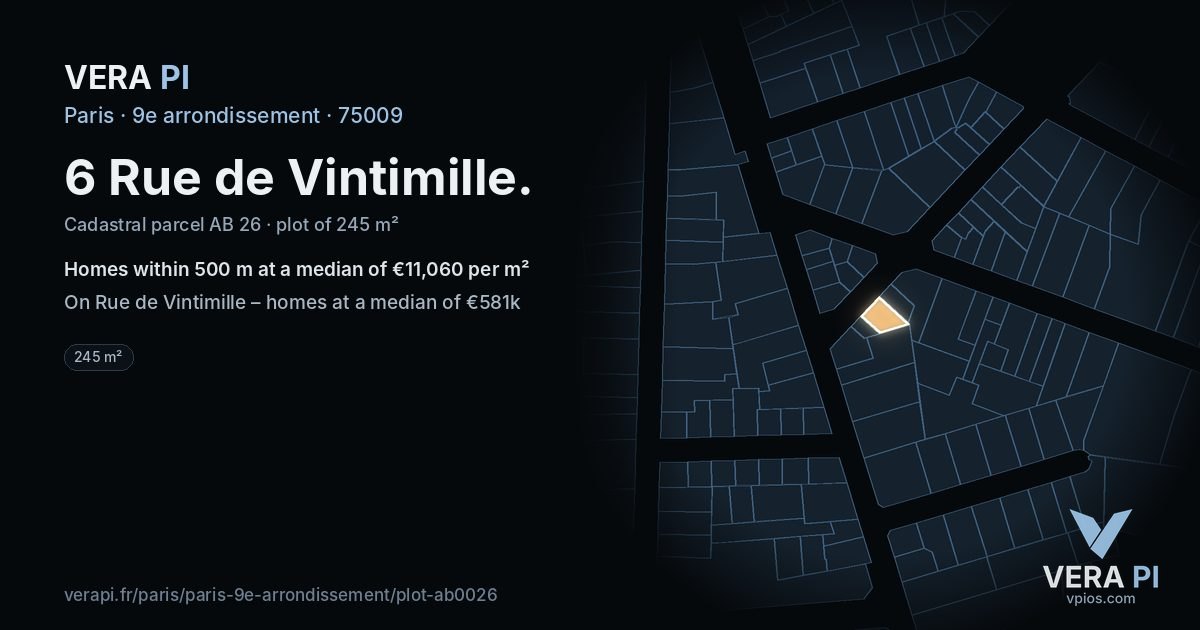 6 Rue de Vintimille, 9e arrondissement at night – the plot lit, the parcels around coloured by the prices near them