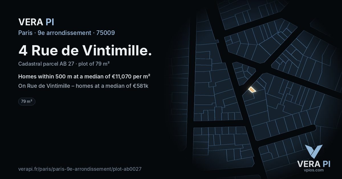 4 Rue de Vintimille, 9e arrondissement at night – the plot lit, the parcels around coloured by the prices near them