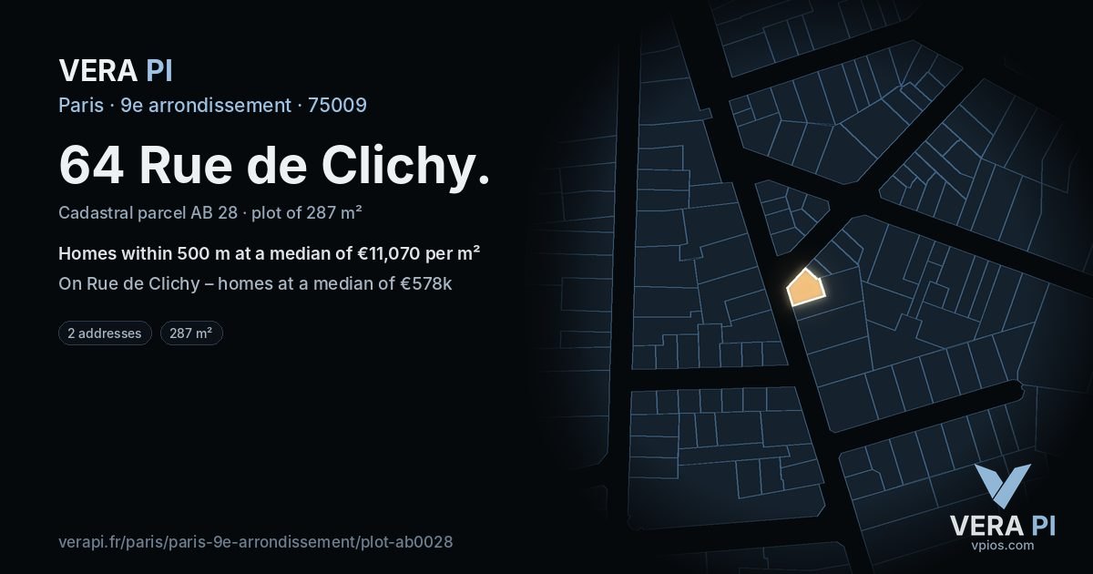 64 Rue de Clichy, 9e arrondissement at night – the plot lit, the parcels around coloured by the prices near them