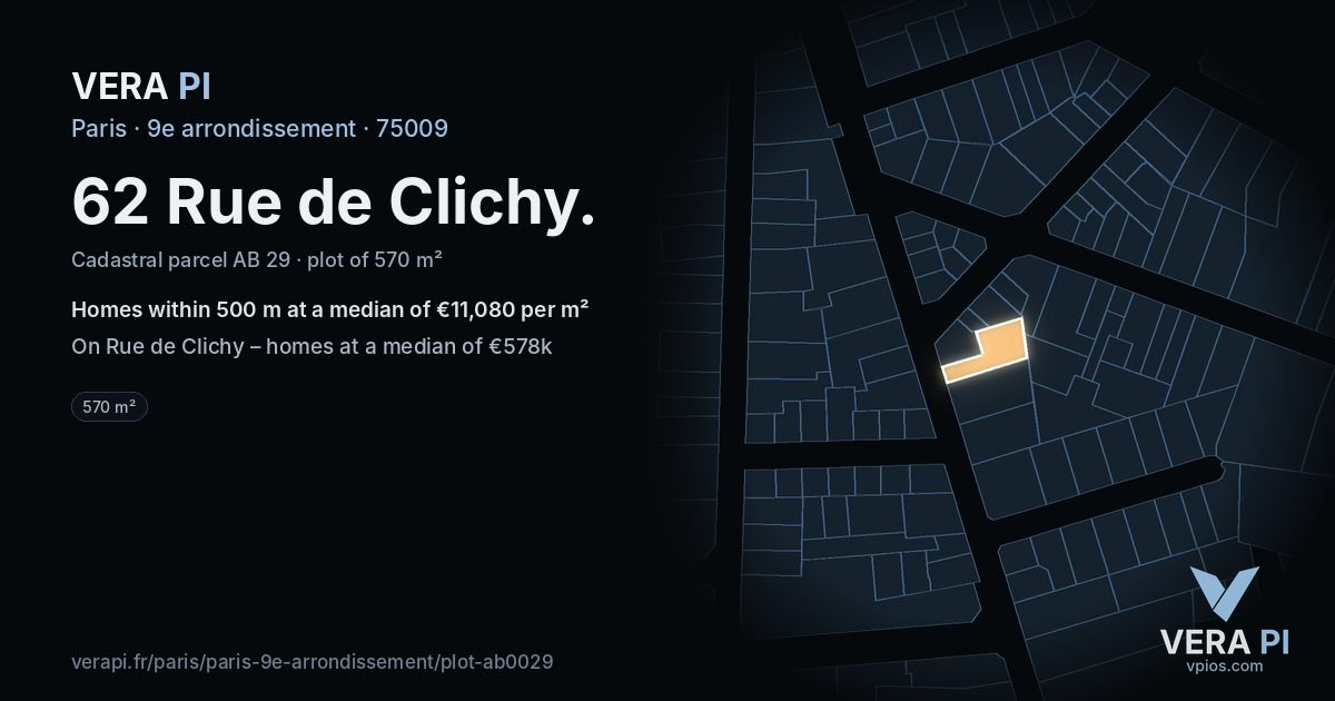 62 Rue de Clichy, 9e arrondissement at night – the plot lit, the parcels around coloured by the prices near them