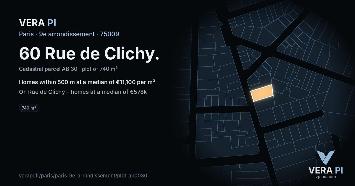 60 Rue de Clichy, 9e arrondissement at night – the plot lit, the parcels around coloured by the prices near them