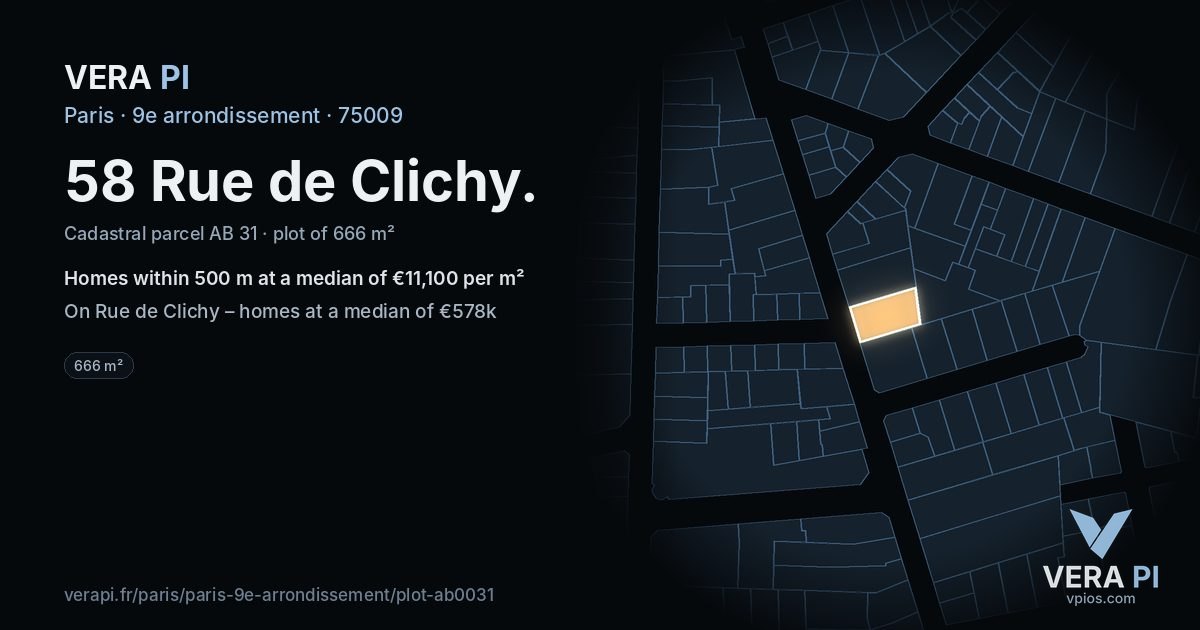 58 Rue de Clichy, 9e arrondissement at night – the plot lit, the parcels around coloured by the prices near them