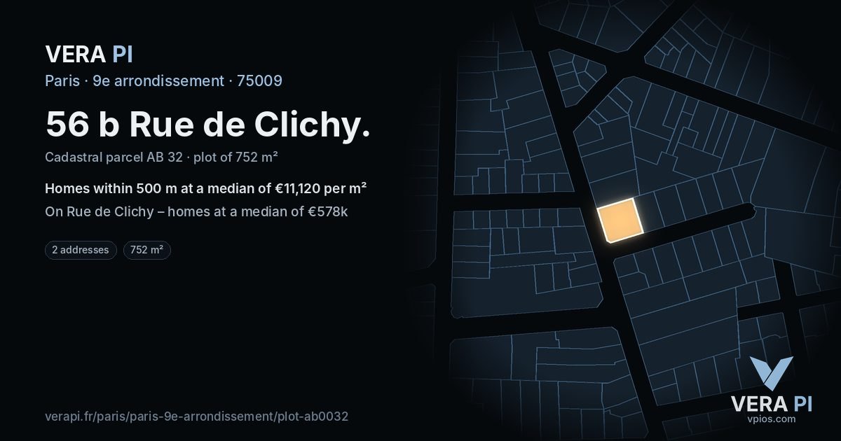 56 b Rue de Clichy, 9e arrondissement at night – the plot lit, the parcels around coloured by the prices near them