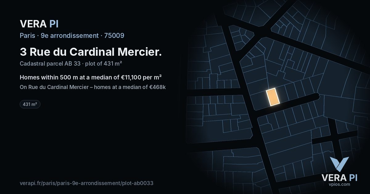 3 Rue du Cardinal Mercier, 9e arrondissement at night – the plot lit, the parcels around coloured by the prices near them