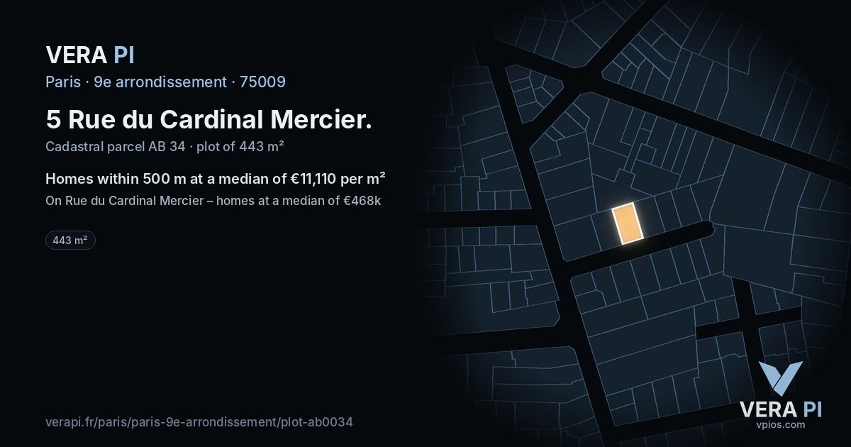5 Rue du Cardinal Mercier, 9e arrondissement at night – the plot lit, the parcels around coloured by the prices near them