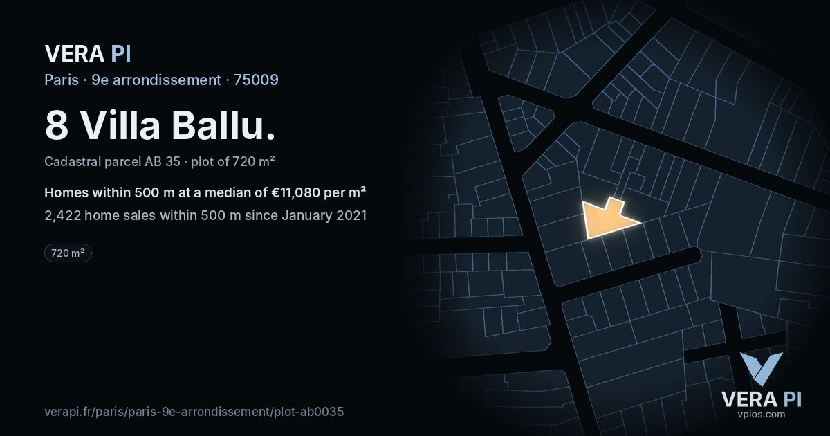8 Villa Ballu, 9e arrondissement at night – the plot lit, the parcels around coloured by the prices near them