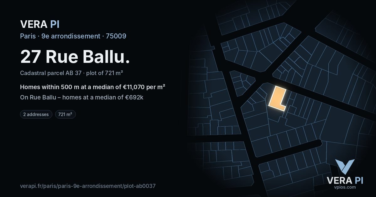 27 Rue Ballu, 9e arrondissement at night – the plot lit, the parcels around coloured by the prices near them