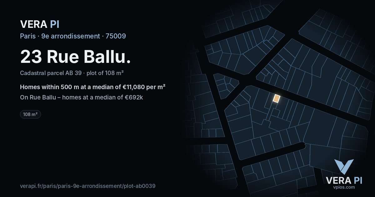 23 Rue Ballu, 9e arrondissement at night – the plot lit, the parcels around coloured by the prices near them