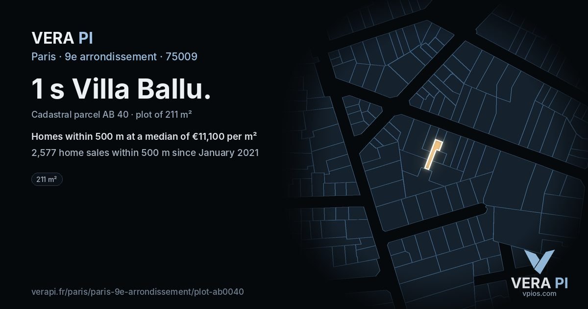 1 s Villa Ballu, 9e arrondissement at night – the plot lit, the parcels around coloured by the prices near them