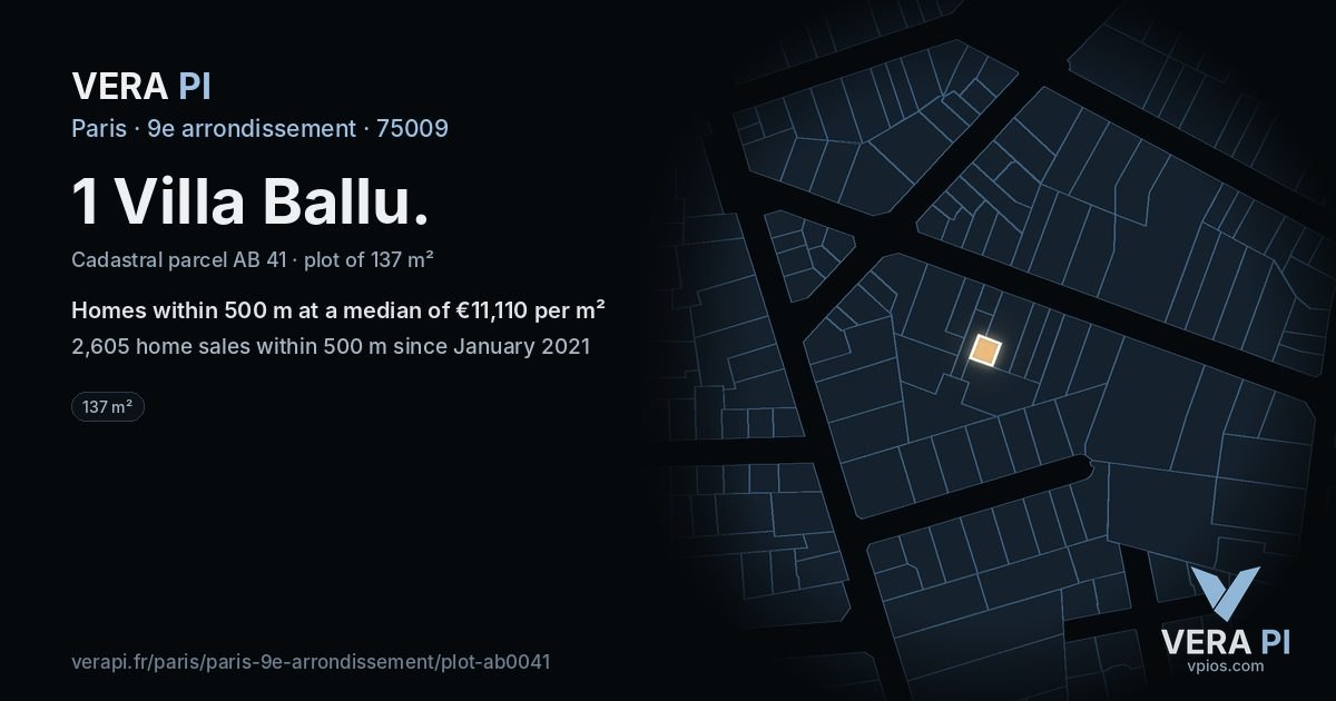 1 Villa Ballu, 9e arrondissement at night – the plot lit, the parcels around coloured by the prices near them