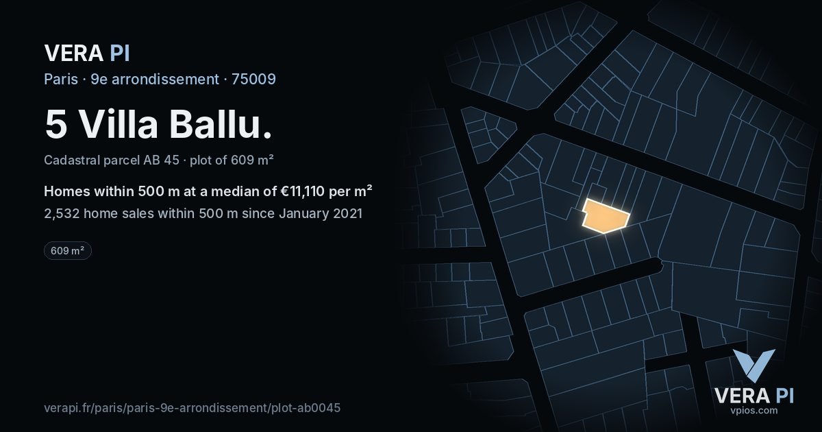 5 Villa Ballu, 9e arrondissement at night – the plot lit, the parcels around coloured by the prices near them