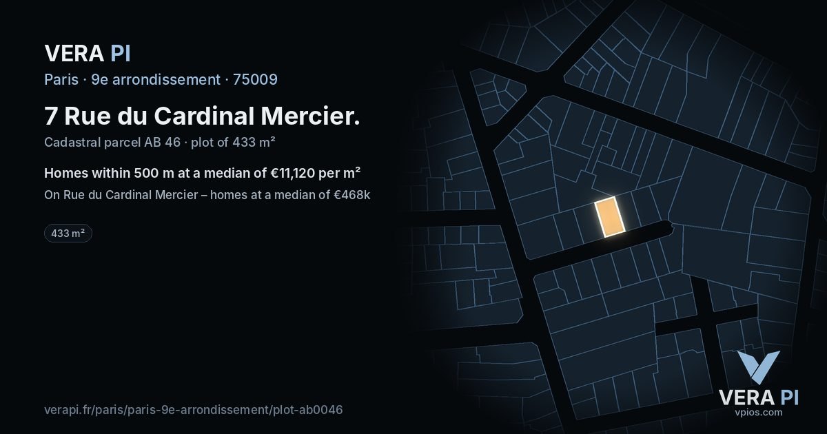 7 Rue du Cardinal Mercier, 9e arrondissement at night – the plot lit, the parcels around coloured by the prices near them