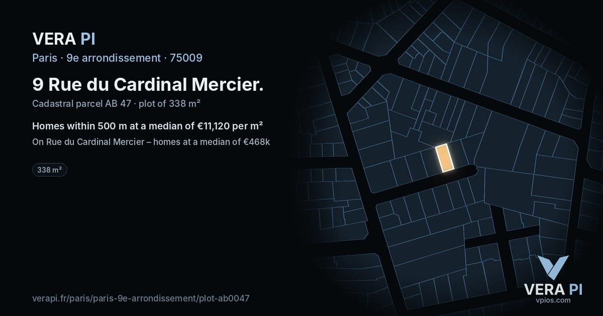 9 Rue du Cardinal Mercier, 9e arrondissement at night – the plot lit, the parcels around coloured by the prices near them