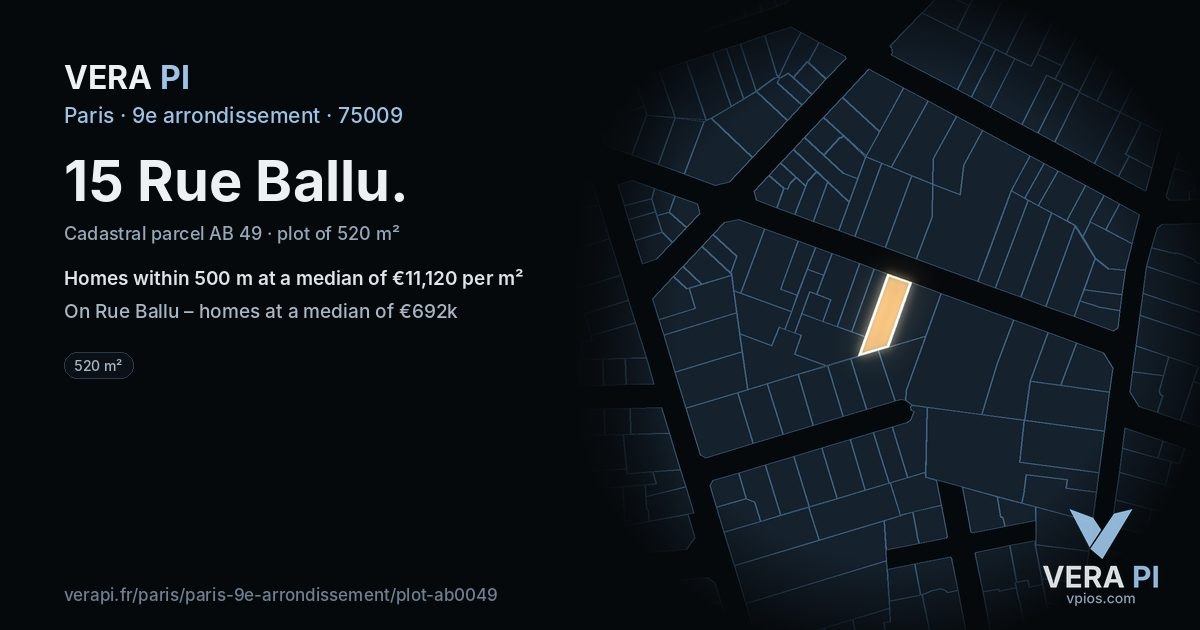 15 Rue Ballu, 9e arrondissement at night – the plot lit, the parcels around coloured by the prices near them